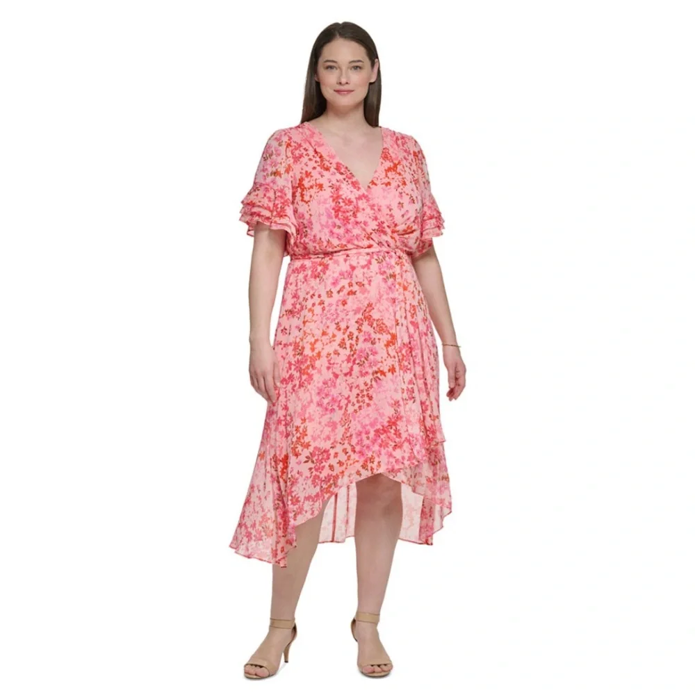 NWT DKNY Plus Size Floral Ruffled Sleeve Dress - Picture 1 of 6